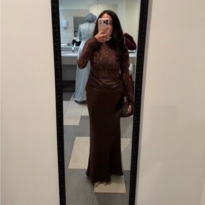 House of CB YASMEEN
Espresso Brown Lace + Satin Draped Maxi Dress